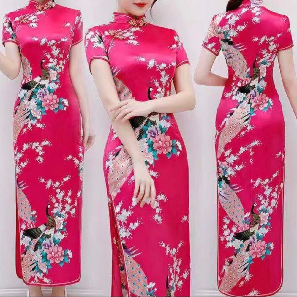 NEW Chinese Qipao Long Dress Hot Pink